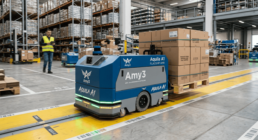 Amy3 autonomous mobile robots operating in a modern warehouse