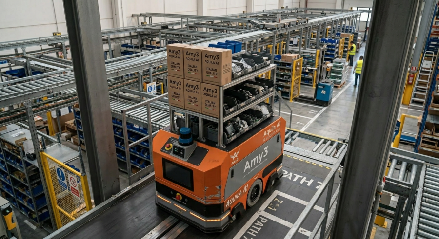 Amy3 autonomous robots navigating a wide warehouse aisle
