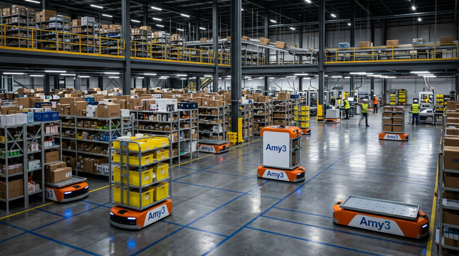 Amy3 robots working in narrow aisle high-density storage